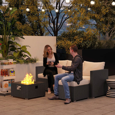 Outsunny Five Piece Rattan Garden Furniture Set with Gas Fire Pit Table and Footstool - Black and Cream White 