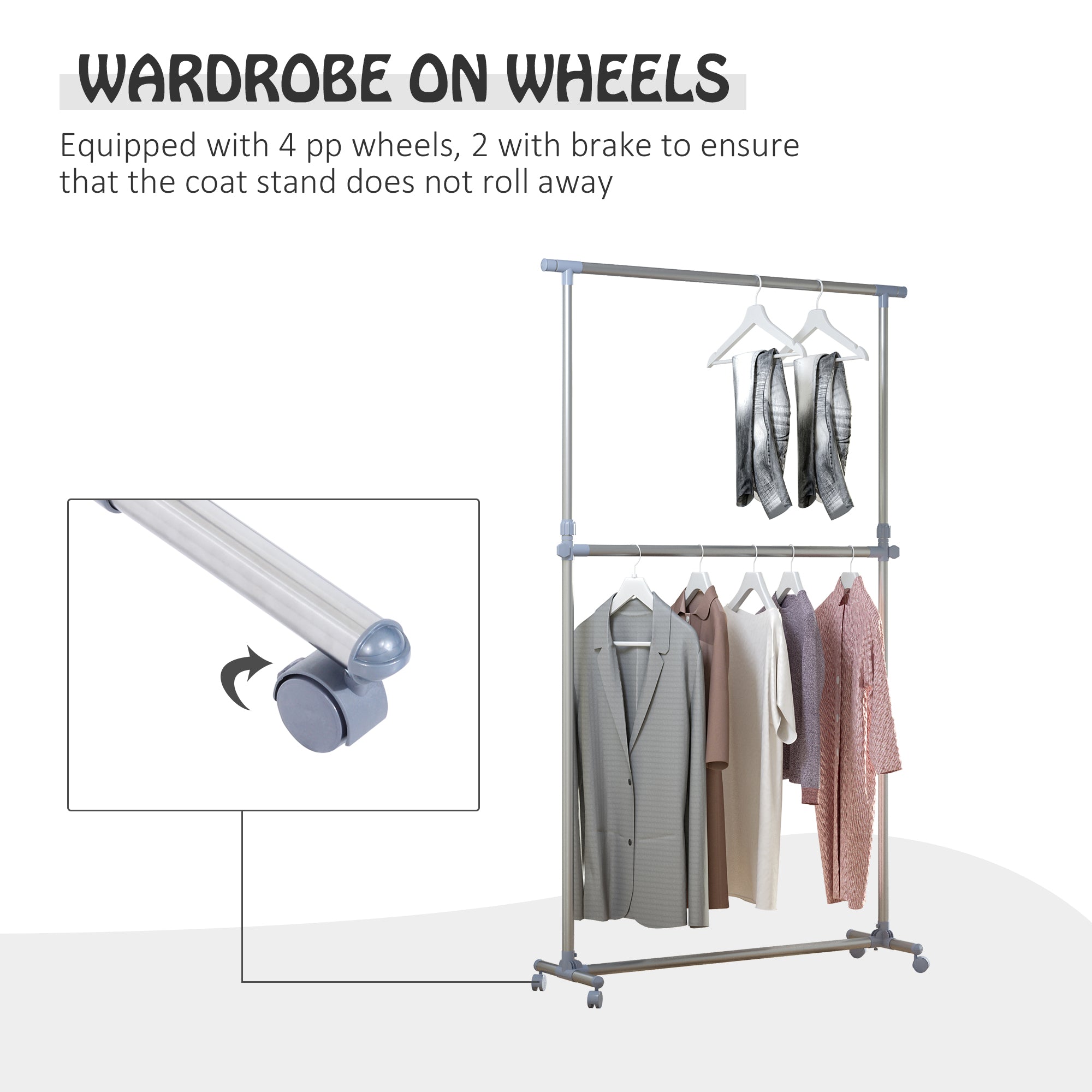 HOMCOM Heavy Duty Clothes Hanger Garment Rail Hanging Display Stand Rack w/ Wheels Adjustable 
