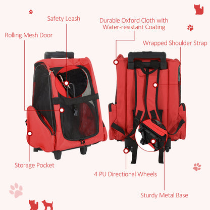 PawHut Pet Travel Backpack Bag Cat Puppy Dog Carrier w/ Trolley and Telescopic Handle Portable Stroller Wheel Luggage Bag (Red) 