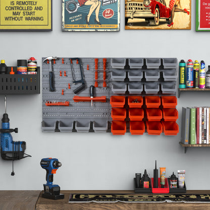 DURHAND 44 Piece Wall Mounted Tool Rack Organiser Storage Bins and Panel Set with Shelf Hook Screws Accessories Red 