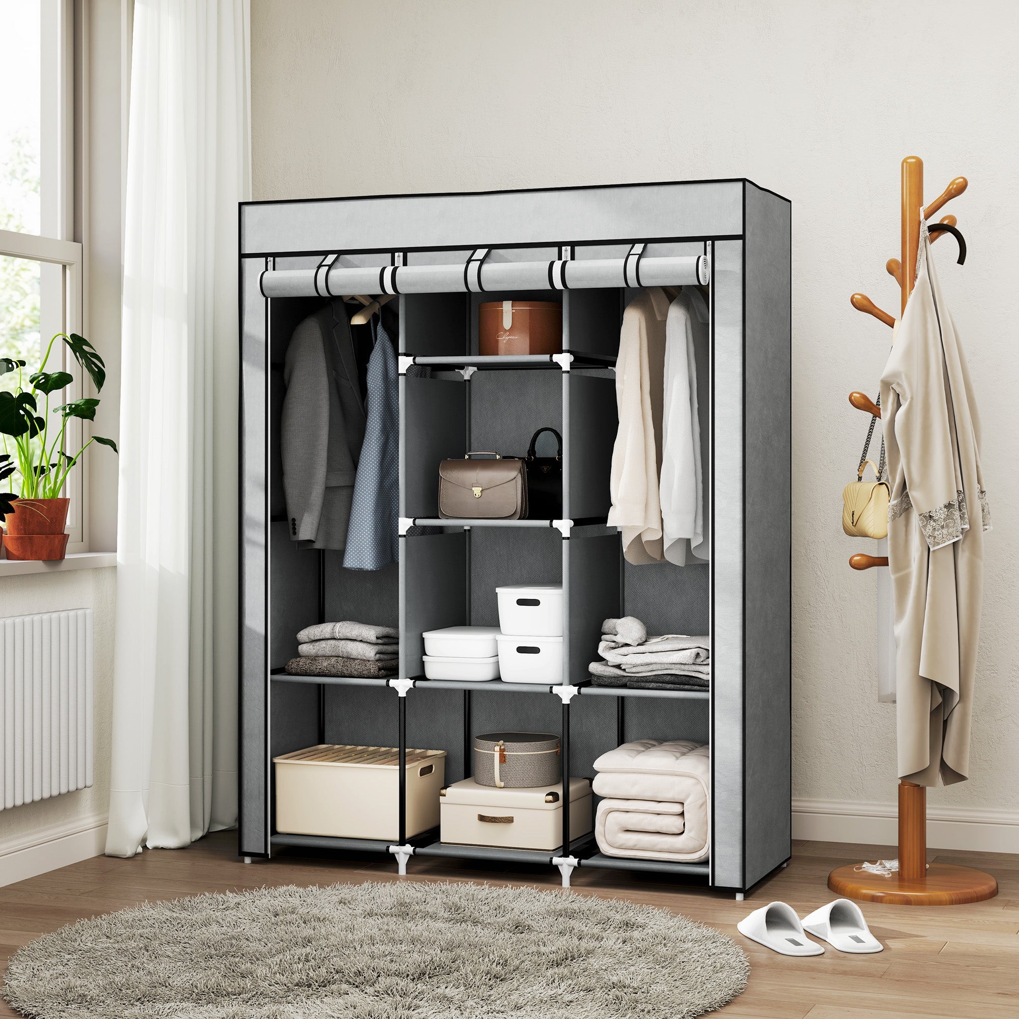 HOMCOM Fabric Wardrobe, Portable Wardrobe, Clothes Storage Unit with 8 Shelves, 2 Hanging Rods, 125 x 43 x 162.5 cm, Light Grey 