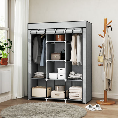 HOMCOM Fabric Wardrobe, Portable Wardrobe, Clothes Storage Unit with 8 Shelves, 2 Hanging Rods, 125 x 43 x 162.5 cm, Light Grey 