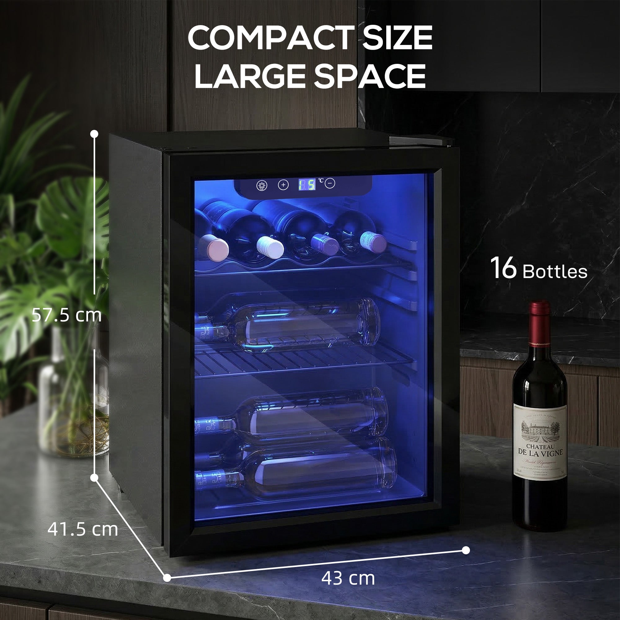 HOMCOM 16 Bottle Wine Cooler, 48 Litre Capacity, 4-16°C Under Counter Drinks Beer Wine Fridge with Glass Door, LED Light, Black 