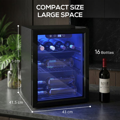 HOMCOM 16 Bottle Wine Cooler, 48 Litre Capacity, 4-16°C Under Counter Drinks Beer Wine Fridge with Glass Door, LED Light, Black 