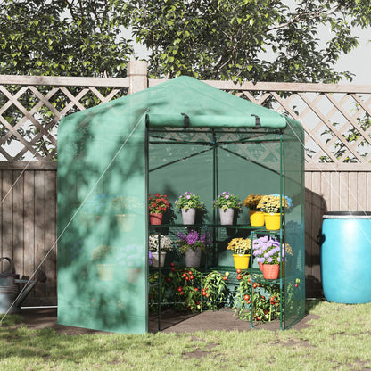 Outsunny Hexagon Walk In Greenhouse with Shelves, Outdoor Green House Grow House with Waterproof PE Cover and Roll-up Door, 228 x 196 x 215 cm, Green 