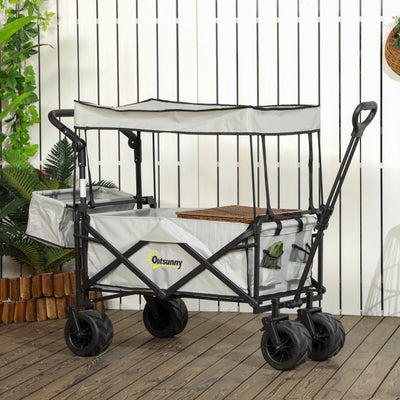 Outsunny Folding Trolley Cart Storage Wagon Beach Trailer 4 Wheels with Handle Overhead Canopy Cart Push Pull for Camping, Grey 