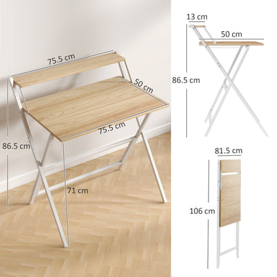 HOMCOM 81.5 cm Folding Computer Desk with Monitor Shelf - Natural Wood Finish 