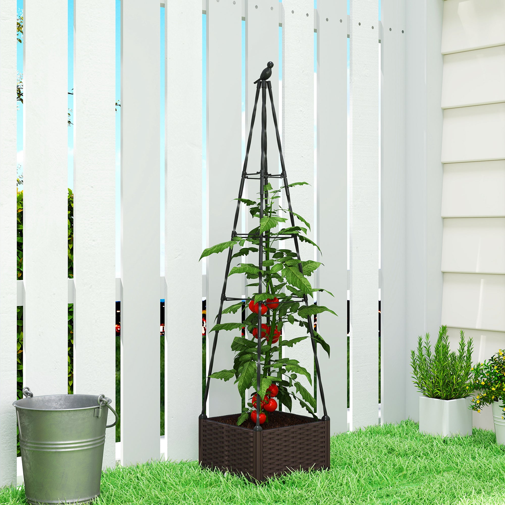 Outsunny Raised Bed for Garden, Raised Garden Bed Planter Box with Trellis, Self Watering, Drainage Holes and Plugs 