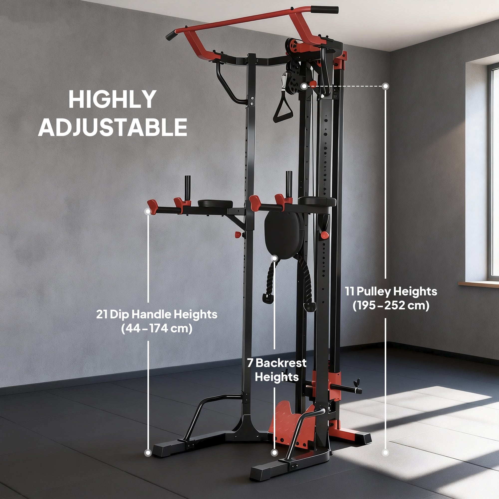 SPORTNOW Power Tower with Lat Pull Down Machine, Pull Up Bar, Dip Station, Adjustable Height Power Pack for Home Gym 