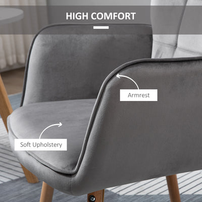 HOMCOM Modern Accent Chair Velvet-Touch Tufted Wingback Armchair Upholstered Leisure Lounge Sofa Club Chair with Wood Legs, Set of 2, Grey 