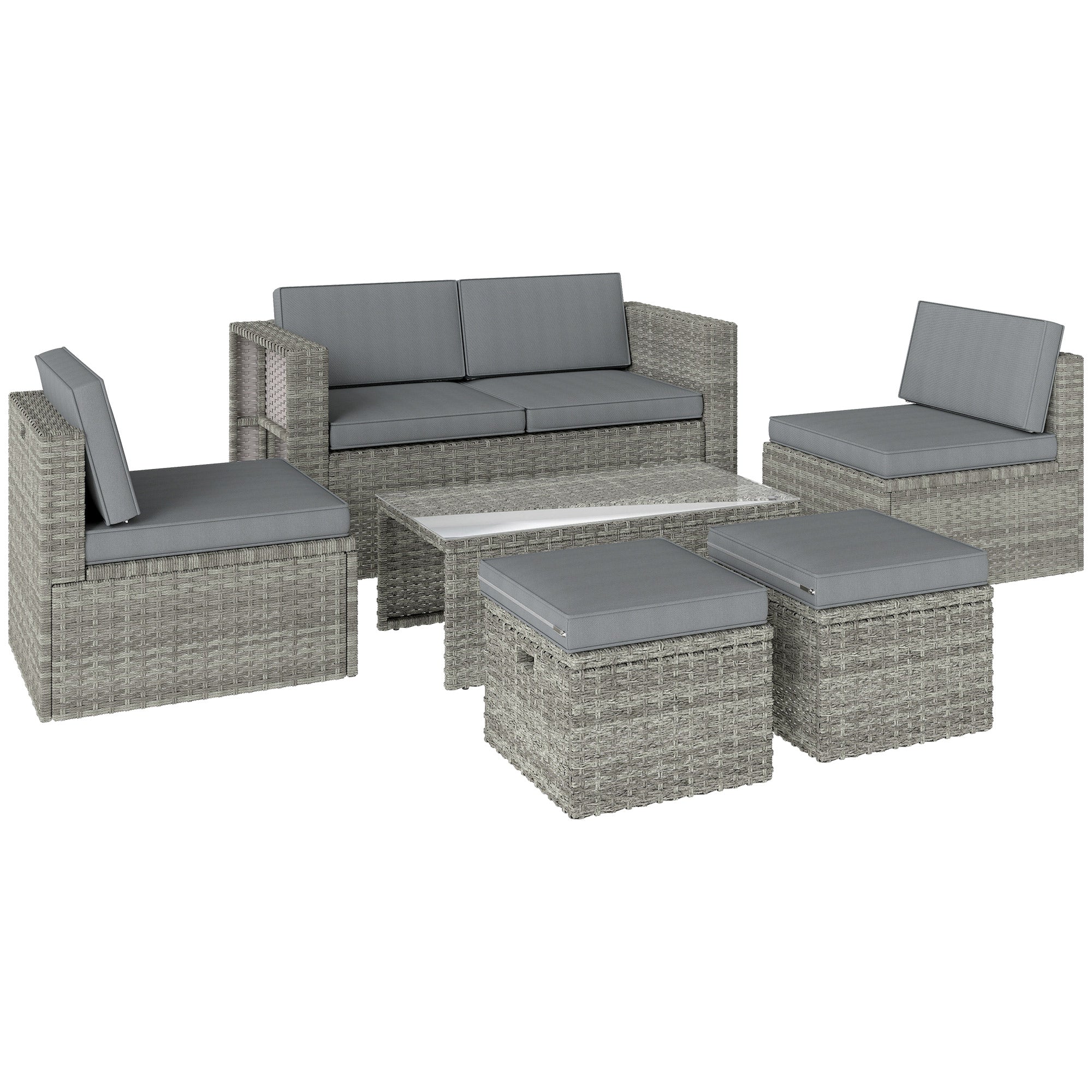 Outsunny 6 Piece Rattan Garden Furniture Set, Nesting Patio Conversation Set with Loveseat, Chairs, Table, Footstools, Dark Grey 