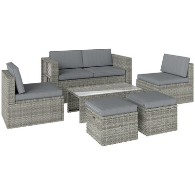 Outsunny 6 Piece Rattan Garden Furniture Set, Nesting Patio Conversation Set with Loveseat, Chairs, Table, Footstools, Dark Grey 