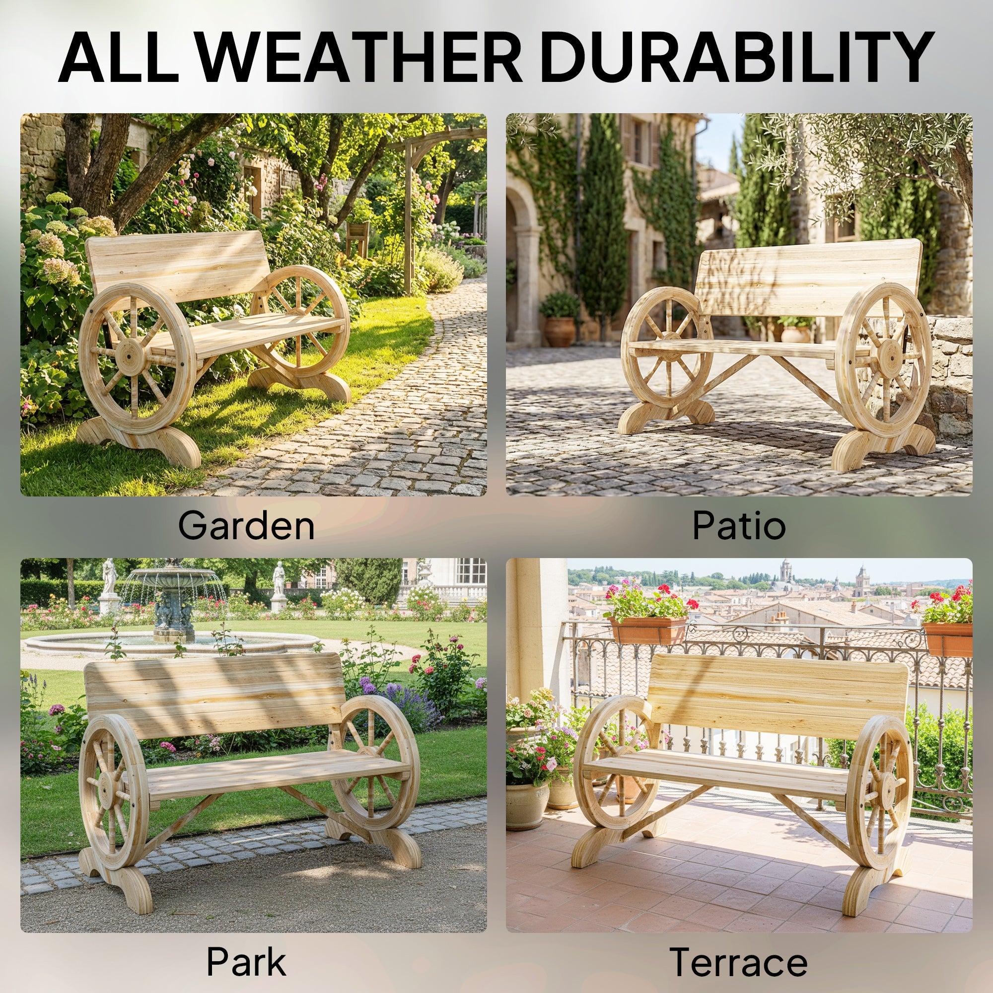 Outsunny Fir Wood 2-Seater Outdoor Garden Wagon Wheel Bench, Natural Wood Finish 