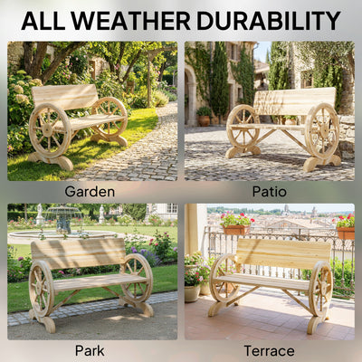 Outsunny Fir Wood 2-Seater Outdoor Garden Wagon Wheel Bench, Natural Wood Finish 