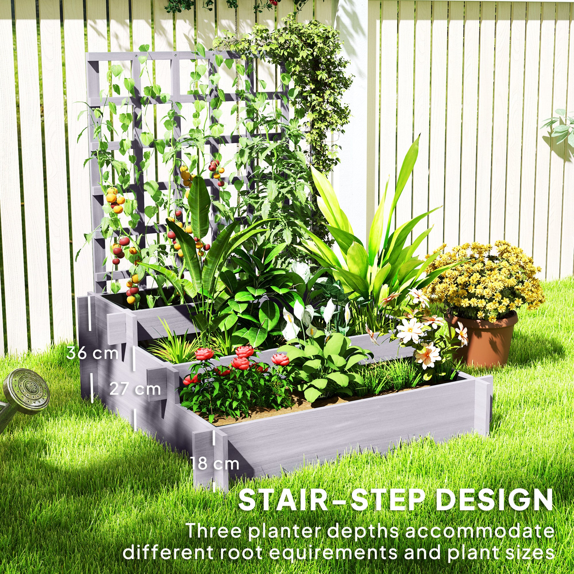 Outsunny 3 Tier Garden Planters with Trellis for Vine Climbing, Wooden Raised Beds, 95x95x110cm, Grey 