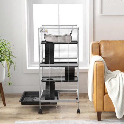 PawHut Small Animal Cage Pet Play House with Wheels Platforms Light Grey 