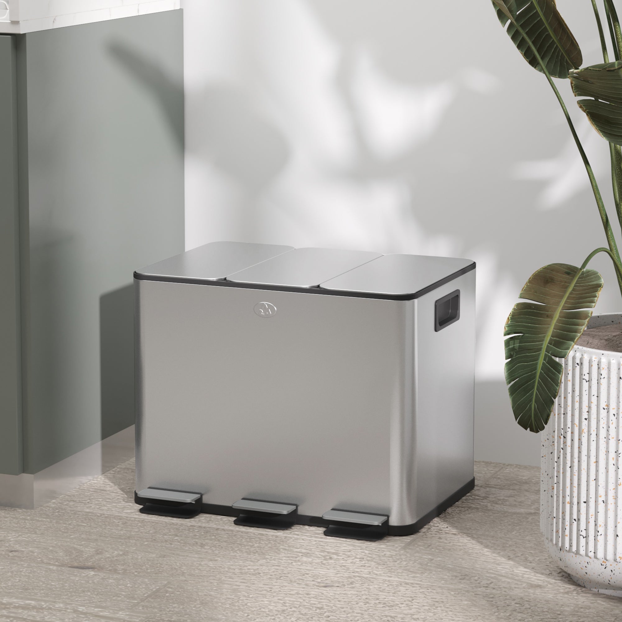 HOMCOM 3 x 20L Pedal Bin, Steel Triple Kitchen Bin with Soft Close Lid, Removable Inner Buckets, Fingerprint-Proof, Silver Tone 