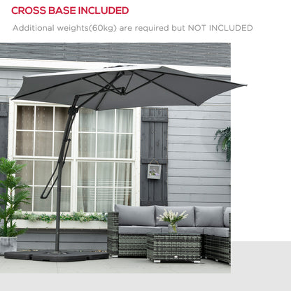 Outsunny 3m Cantilever Parasol with Easy Lever, Patio Umbrella with Crank Handle, Cross Base and 6 Metal Ribs, Outdoor Sun Shades for Garden, Grey 