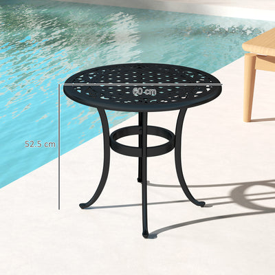 Outsunny 60cm Round Garden Table, Outdoor Hollow Top Design Side Table with Cast Aluminium Frame for Patio, Garden, Balcony, Black 