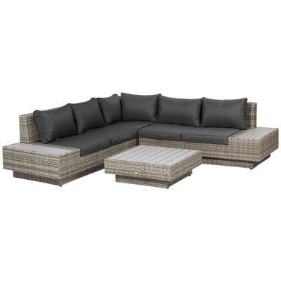 Outsunny 4 PCs Rattan Garden Furniture Outdoor Sectional Corner Sofa and Coffee Table Set  Conservatory Wicker Weave Furniture with Armrest and Cushions - Light Grey 
