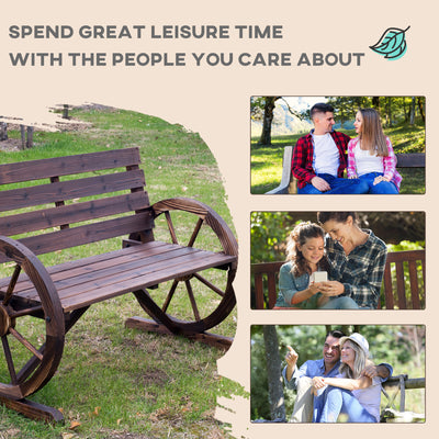 Outsunny 2 Seater Garden Bench with Wooden Cart Wagon Wheel Rustic High Back Brown 