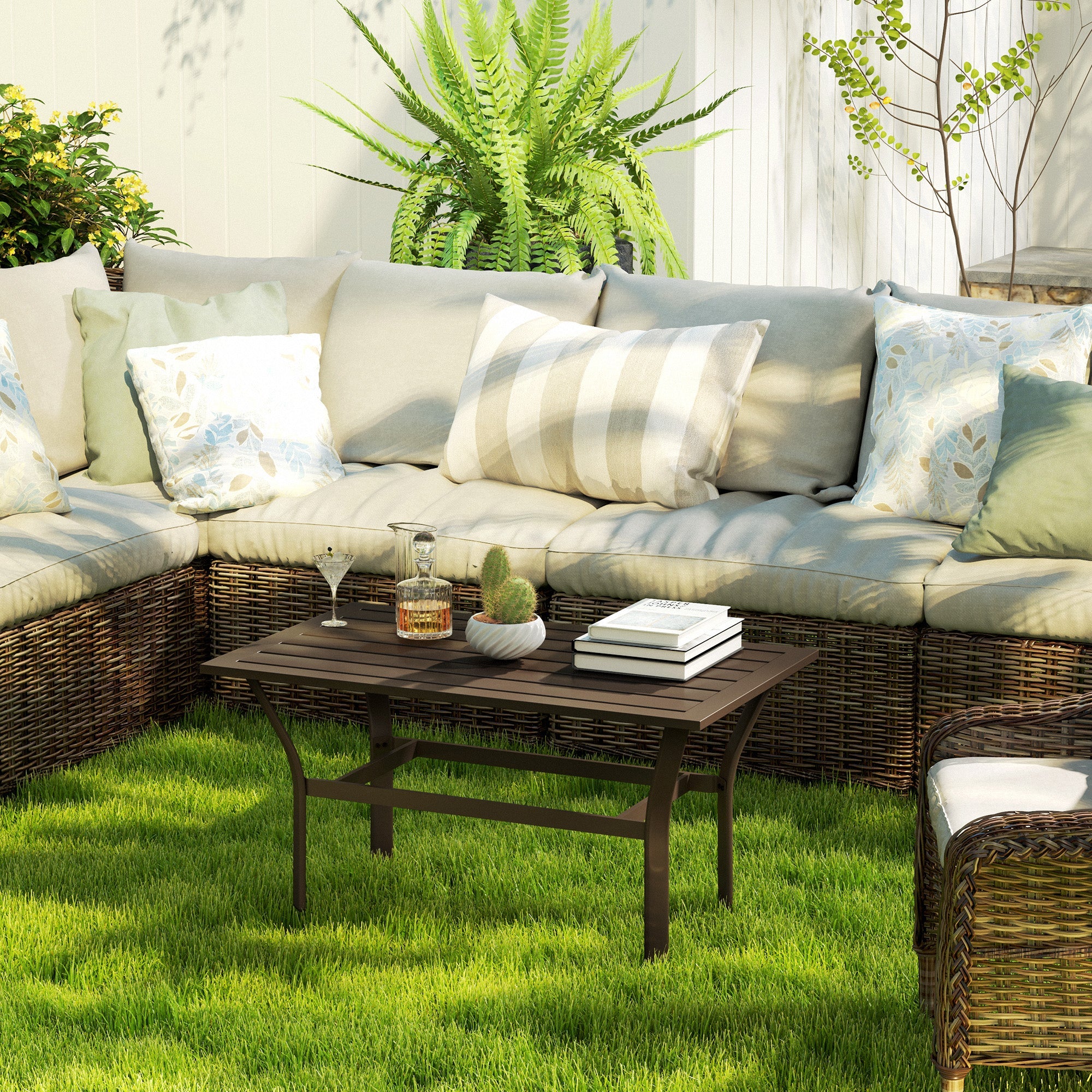 Outsunny Metal Garden Coffee Table, Rectangular Outdoor Side Table with Slatted Tabletop, Foot Pads for Outside, Garden, Balcony, Porch, 91.5 x 55 x 45cm, Brown 