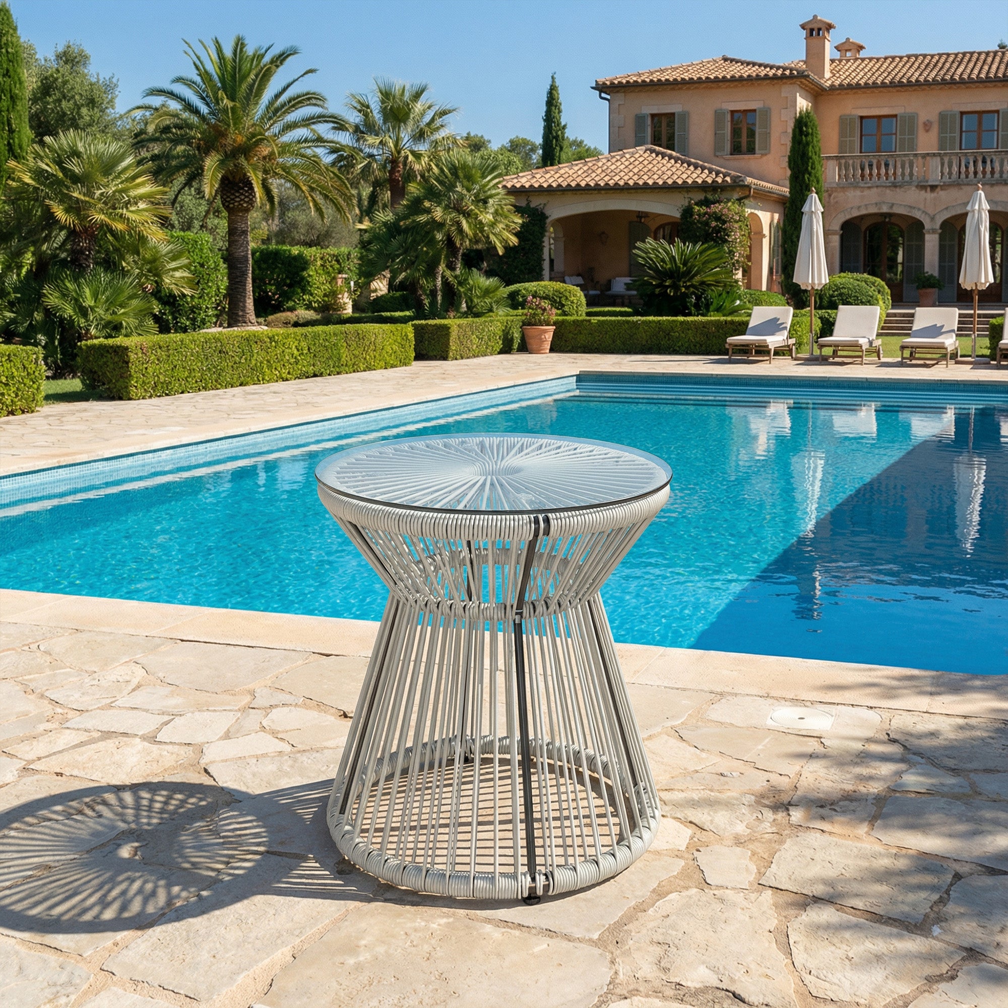 Outsunny Rattan Outdoor Coffee Table, PE Rattan Wicker Bistro Side Table with Tempered Glass Top, Light Grey 