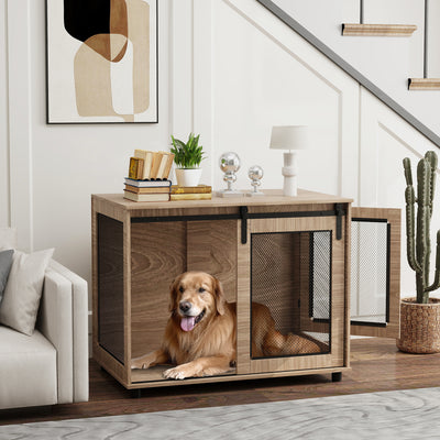 PawHut Dog Crate Furniture with Sliding Door for Large Dogs, 98 x 60 x 78cm, Walnut Brown 