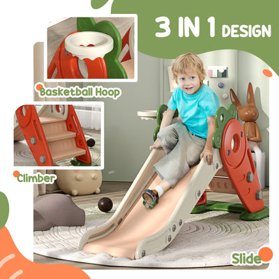 AIYAPLAY 3 in 1 Foldable Toddler Slide with Basketball Hoop, Climber, Carrot-themed, for 1-3 Years 