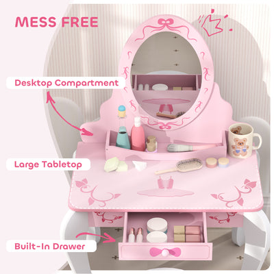 AIYAPLAY Kids Dressing Table Set, Vanity Table with Stool, Mirror, Drawer, Desktop Storage, Ballet Theme, Pink 
