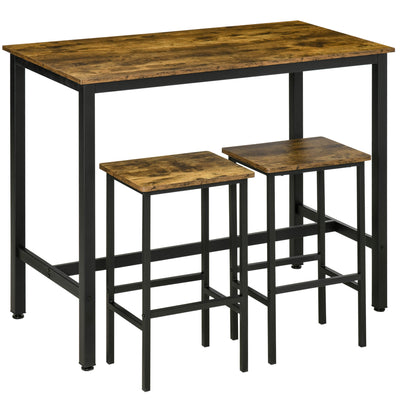 HOMCOM Industrial Bar Table Set, Breakfast Table with 2 Stools, 3-Piece Counter Height Dining Table & Chairs for Kitchen, Living Room, Rustic Brown 
