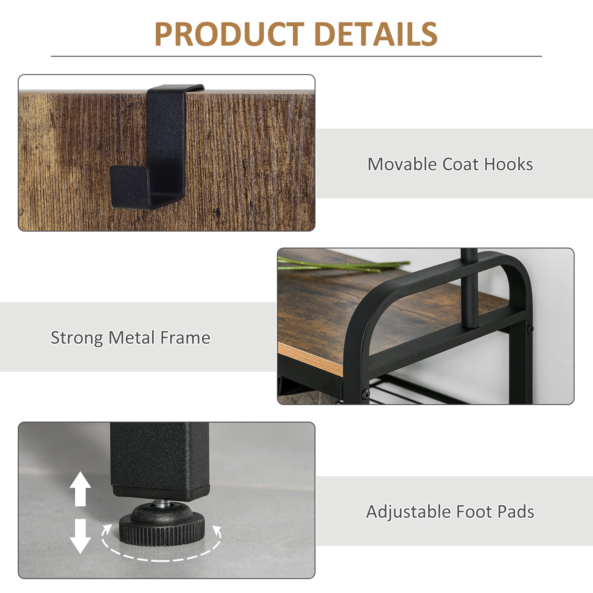 HOMCOM Coat Rack Stand Industrial hallway Shoe Rack Removable Hooks Metal Wood Hangers Storage Cabinet Rustic Brown 72L×34W×185H(cm) 