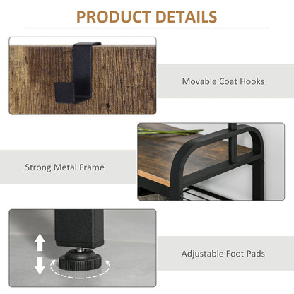 HOMCOM Coat Rack Stand Industrial hallway Shoe Rack Removable Hooks Metal Wood Hangers Storage Cabinet Rustic Brown 72L×34W×185H(cm) 
