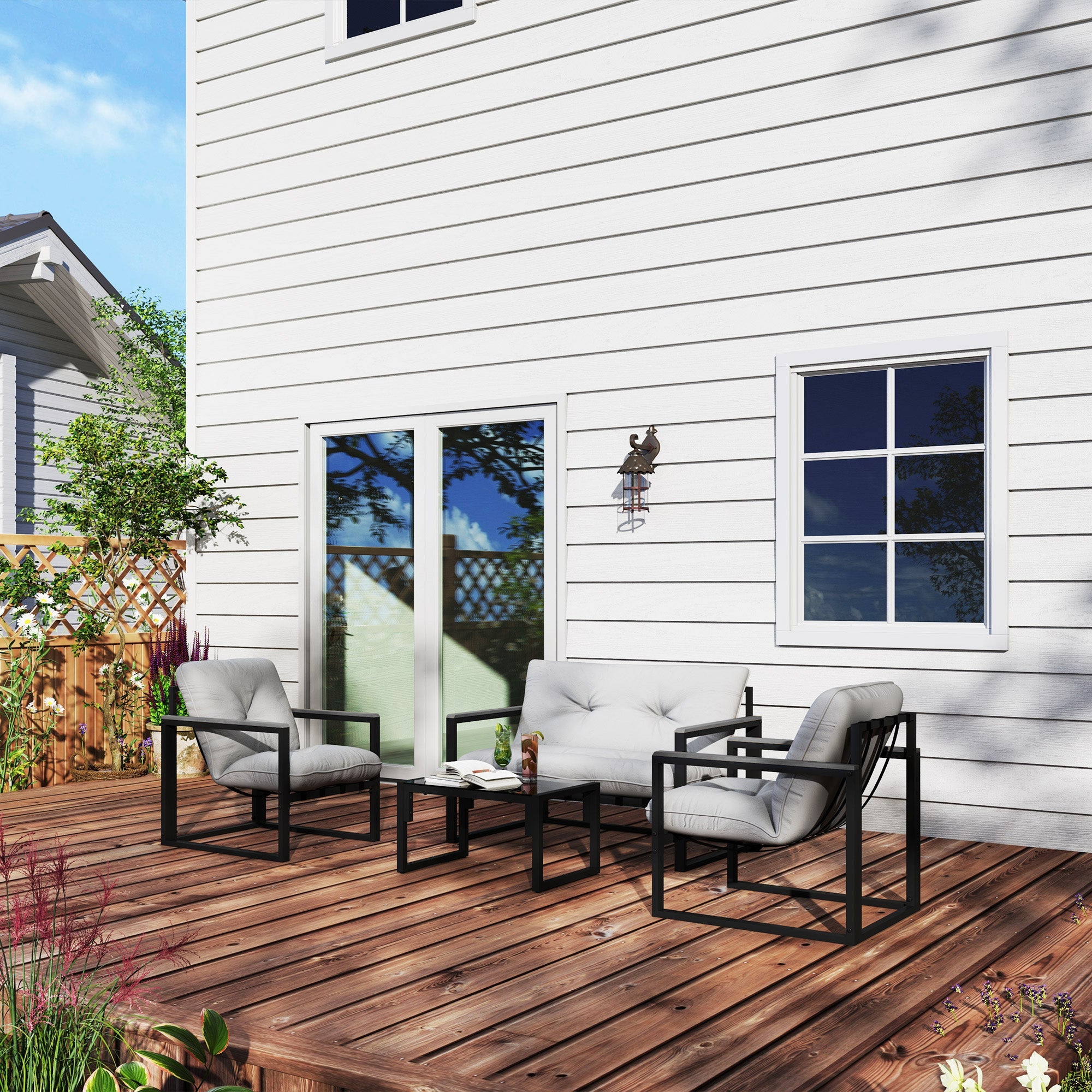 Outsunny Garden Furniture Set, 4 Piece Indoor Outdoor Conservatory with Loveseat Sofa, Armchairs, Glass Top Coffee Table, Cushions for Balcony, Poolside, Patio, Dark Grey 