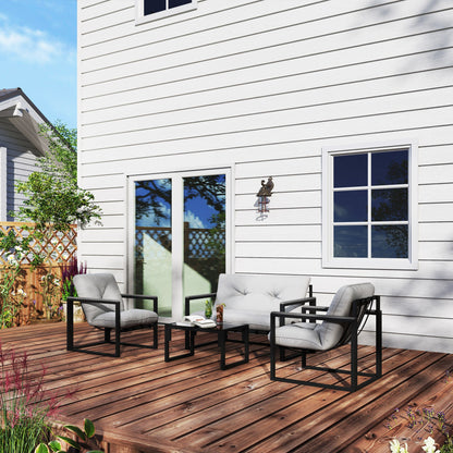 Outsunny Garden Furniture Set, 4 Piece Indoor Outdoor Conservatory with Loveseat Sofa, Armchairs, Glass Top Coffee Table, Cushions for Balcony, Poolside, Patio, Dark Grey 