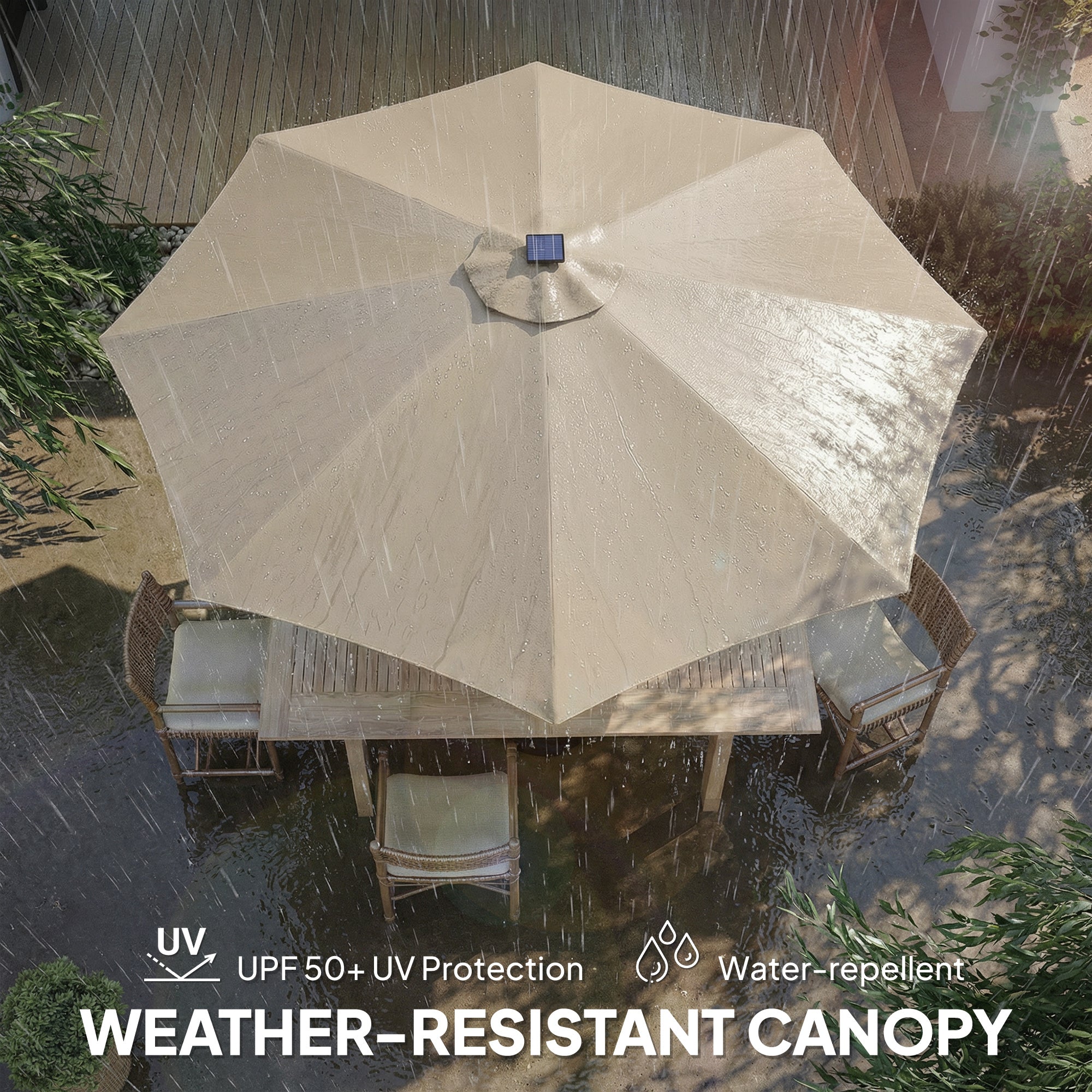 Outsunny 3 m Garden Parasol Umbrella with 112 Solar Powered LED Lights, Patio Umbrella with Crank Handle, Beige 