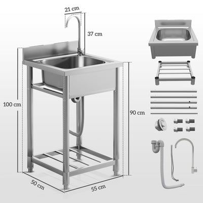 HOMCOM Outdoor Utility Sink, Stainless Steel Free Standing Single Bowl Kitchen Sink with Cold and Hot Water Pipe and Storage Shelf for Laundry Garage, 55 x 50 x 100 cm 