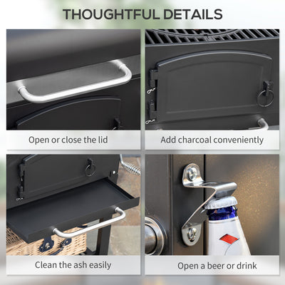 Outsunny Charcoal Barbecue Grill Trolley Garden Smoker with Shelves, Adjustable Height, Thermometer on Lid, Opener and Wheels 