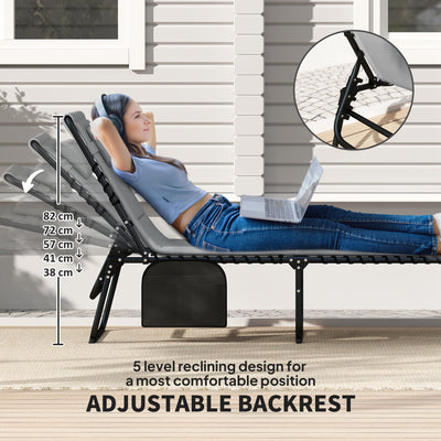 Outsunny Folding Sun Loungers Set of 2, Recliner Garden Chairs with Quick Drying Pad Headrest Side Pocket, Garden Sun Loungers for Beach Pool, Charcoal Grey 