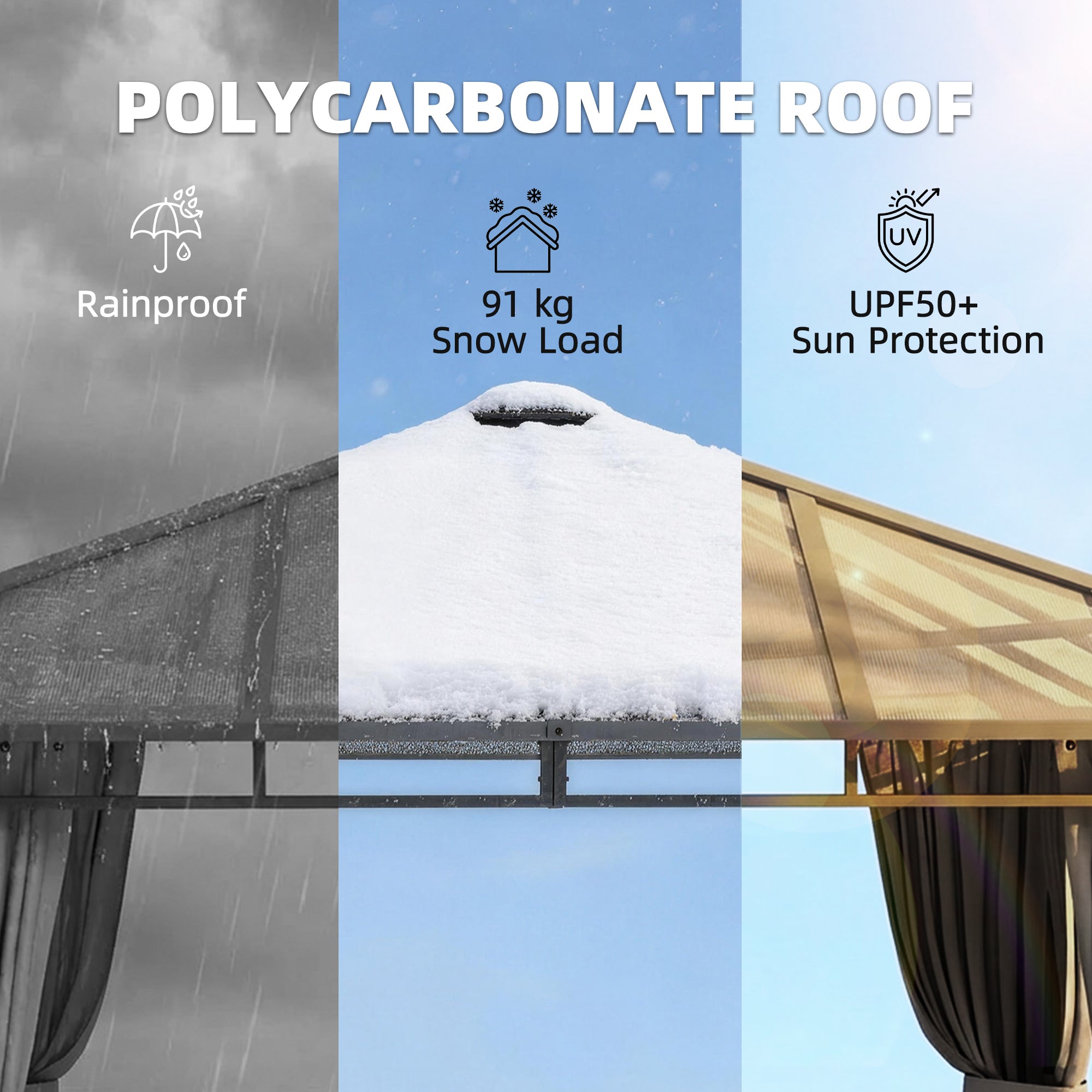 Outsunny 3 x 3 m Outdoor Hardtop Gazebo Canopy with PC Roof, Aluminium Permanent Pavilion Garden Gazebo with Curtains, Tan 