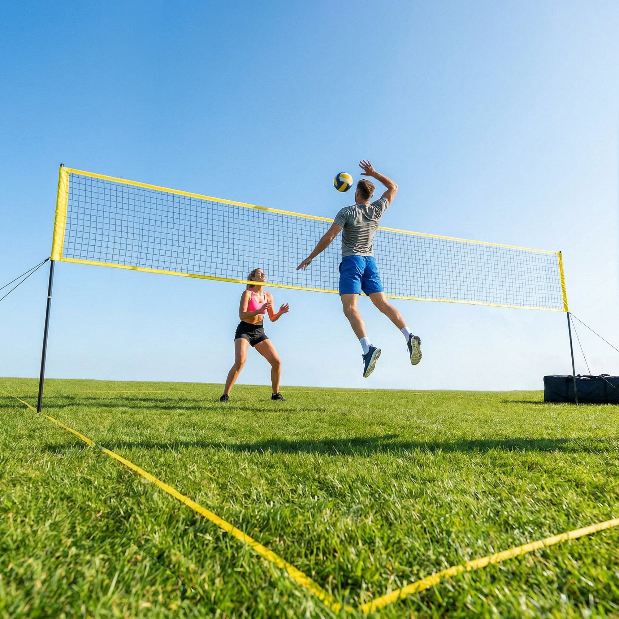 SPORTNOW Portable Volleyball Net Set with Adjustable Height Steel Poles, Volleyball, Boundary Line and Carrying Bag for Beach 