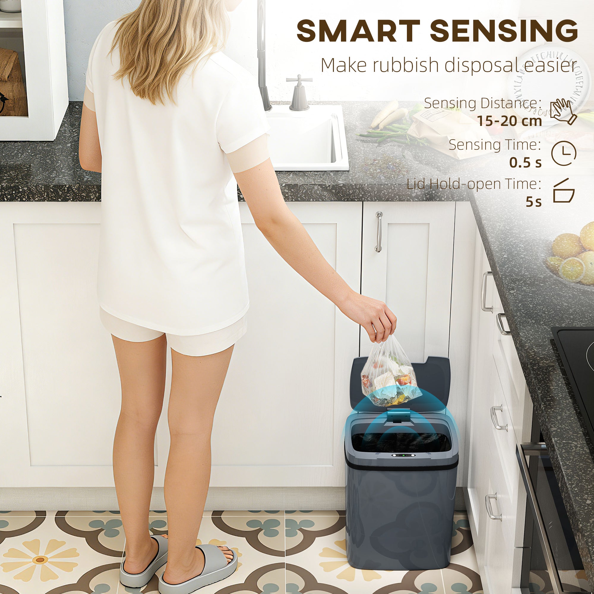 HOMCOM 15L Sensor Bin, Automatic Touchless Kitchen Bin, Easy Clean, Battery Operated for Home Office, Bedroom, Bathroom, Grey 