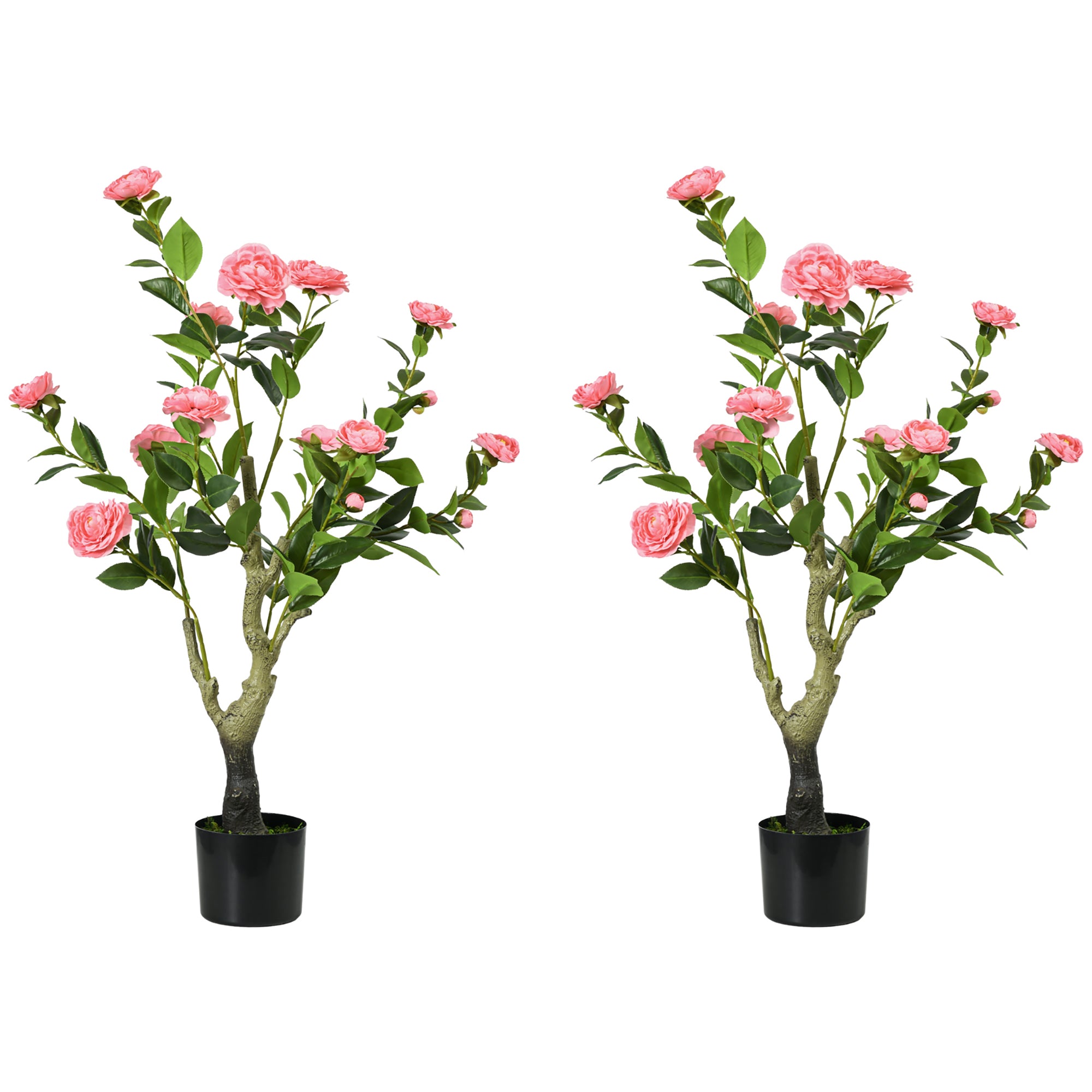 HOMCOM 2 Pieces Decorative Artificial Plants Camellia Flower with Pot, Fake Plant for Home Indoor Outdoor Decor, 95cm, Pink 
