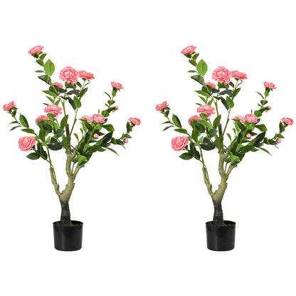 HOMCOM 2 Pieces Decorative Artificial Plants Camellia Flower with Pot, Fake Plant for Home Indoor Outdoor Decor, 95cm, Pink 