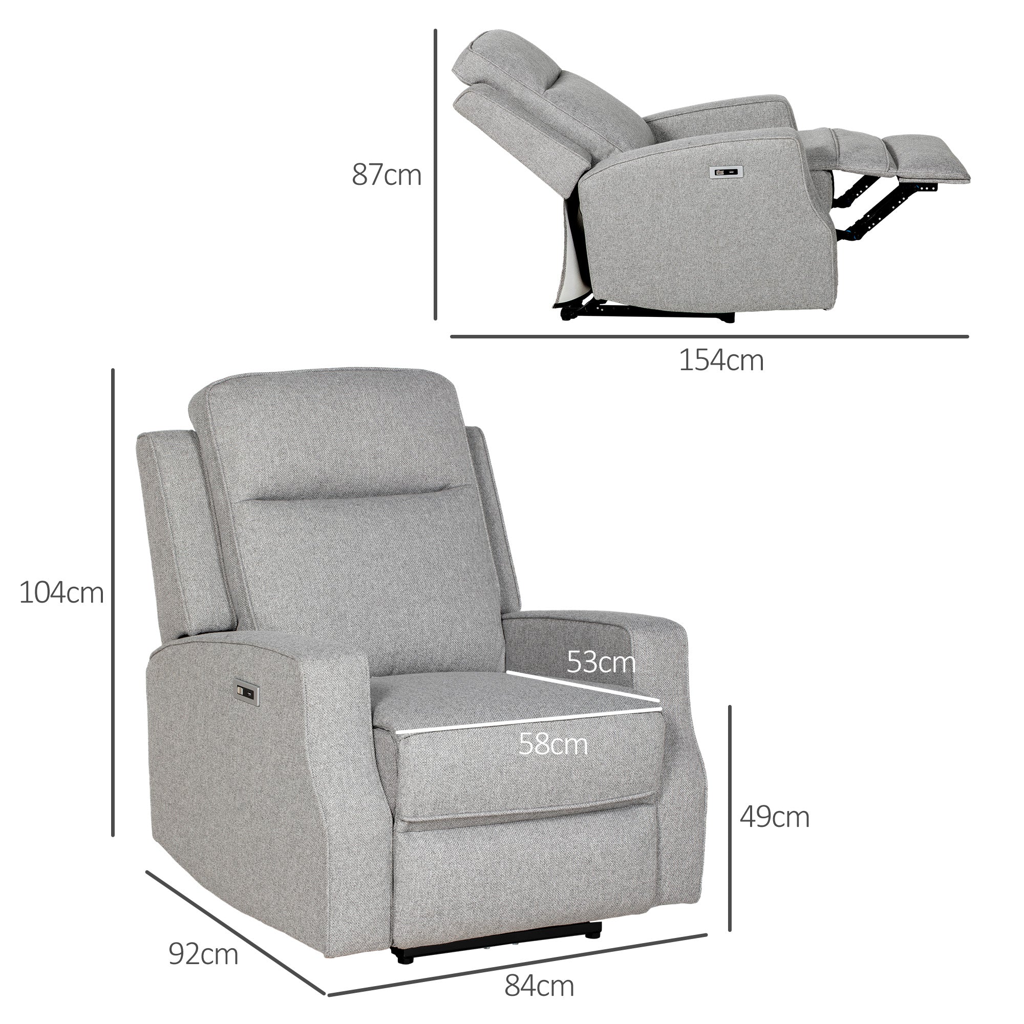 HOMCOM 150\'c2\'b0 Electric Reclining Chair, with USB port and Footrest - Grey