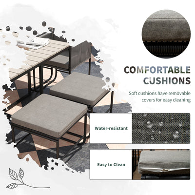 Outsunny 10 Seater Rattan Cube Garden Furniture Set, Rattan Dining Set with Cushions, Outdoor Dining Table and Chairs with 6 Armchairs, 4 Stools, Rectangular Wood Grain Plastic Top Table, Grey 