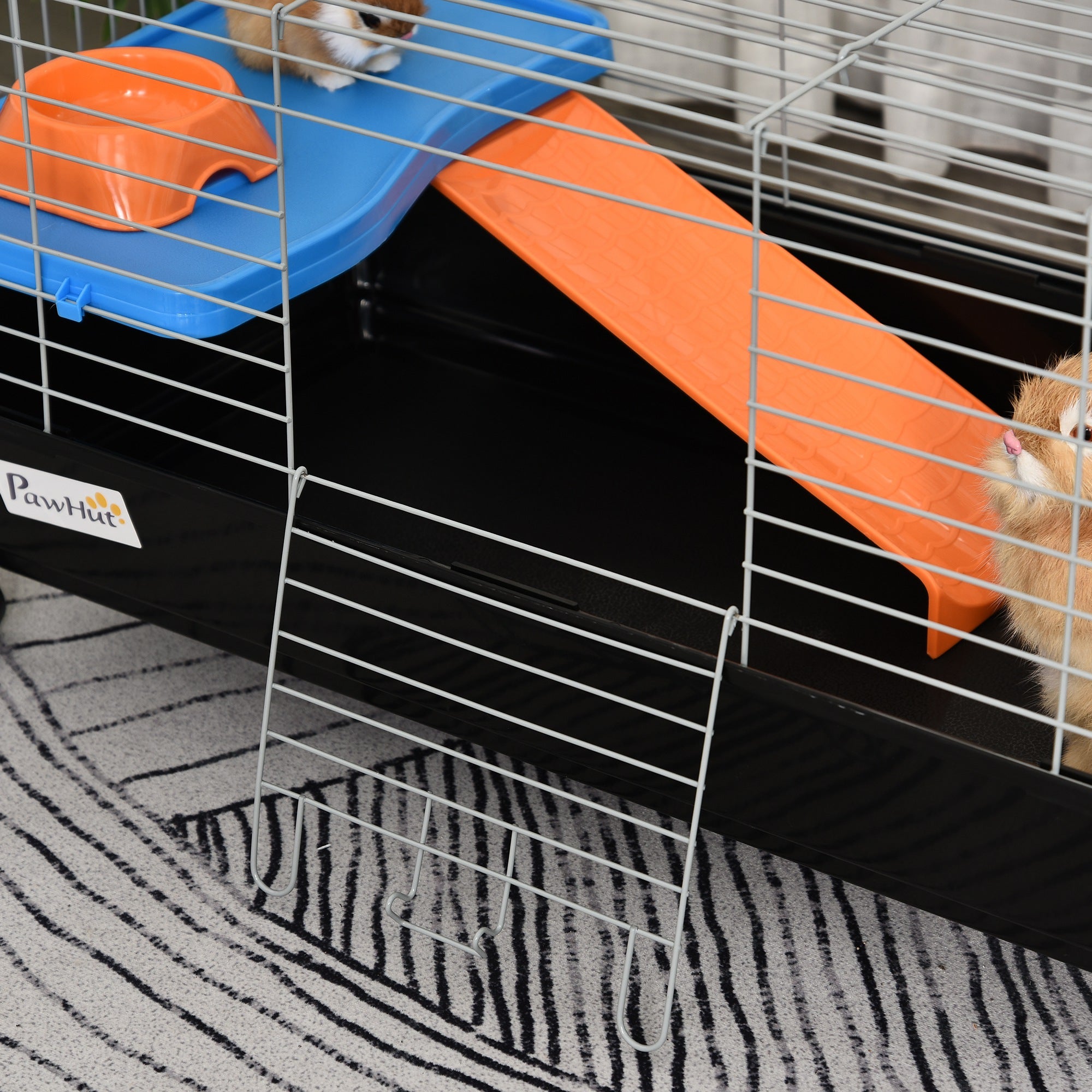 PawHut Small Animal Cage Rabbit Guinea Pigs Chinchillas Cage w/ Wheels Water Bottle Food Dish Platform Ramp 89 x 44 x 43 cm Black 