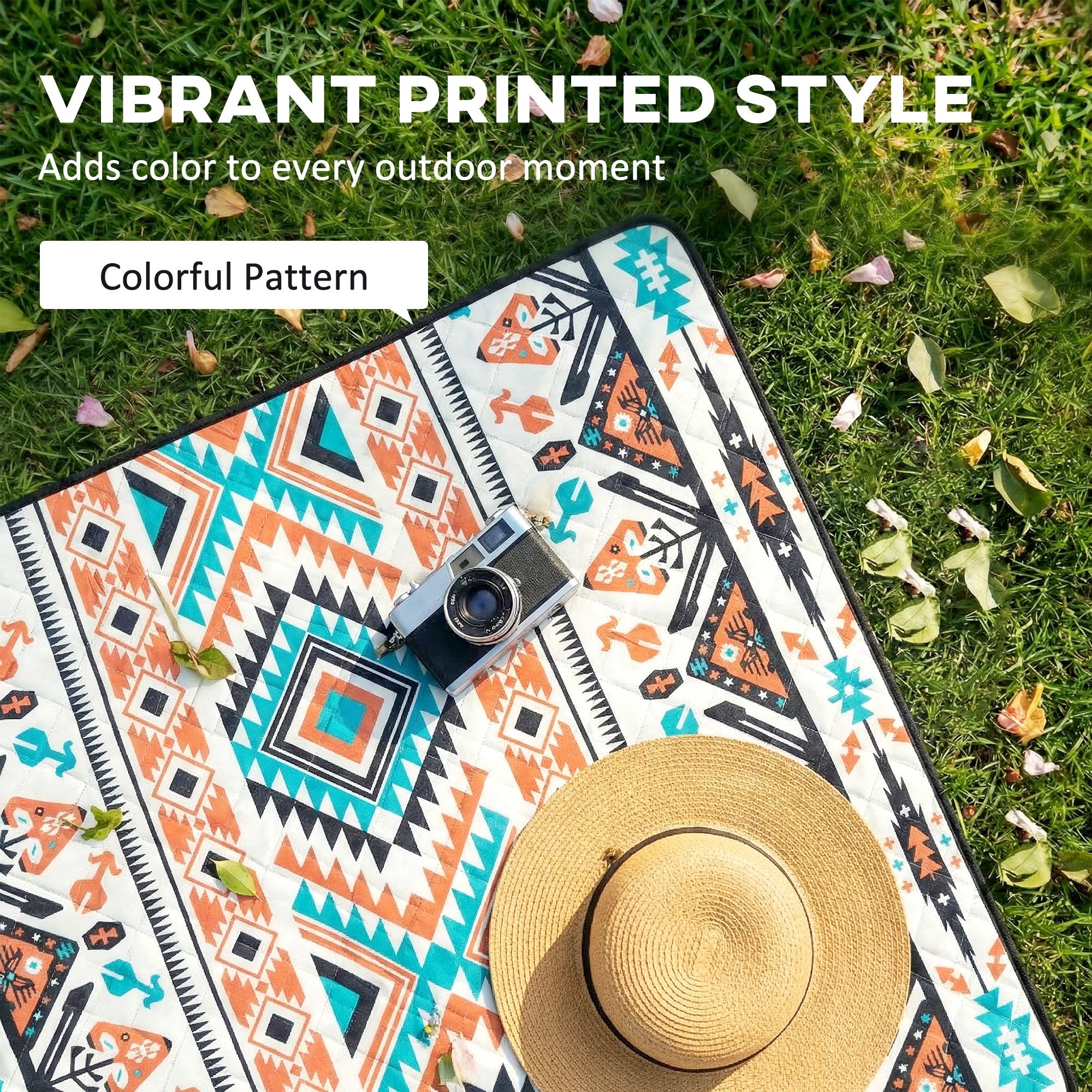 Outsunny Picnic Blanket, 200x200CM Large Beach Blanket Outdoor Picnic Mat with Integrated Strap for Camping, Mix-Colour 