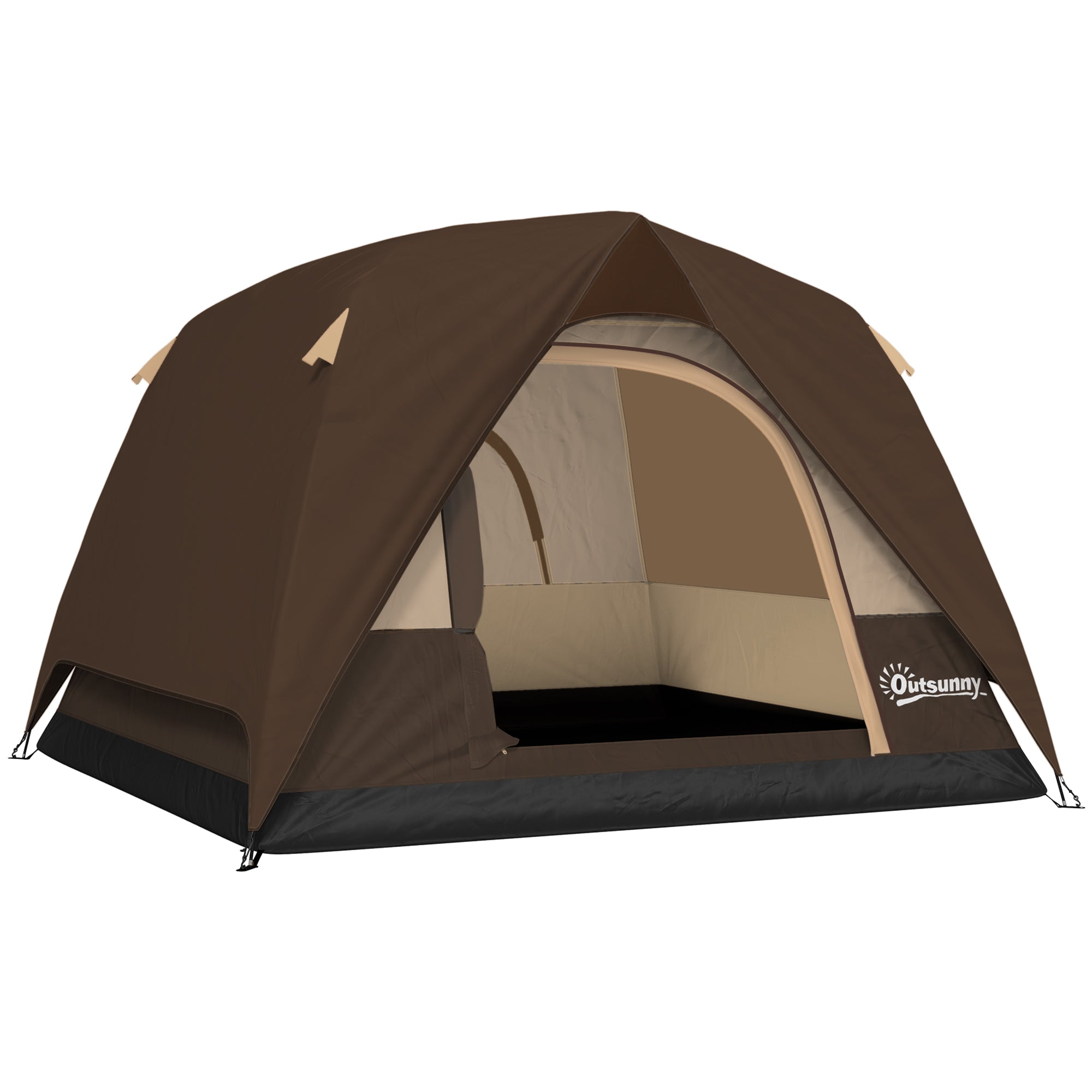 Outsunny 3-4 Person Camping Tent, Easy Set Up 3-4 Man Tent w/ Sewn-in Groundsheet, Waterproof Dome Tent w/ Mesh Windows, Brown 