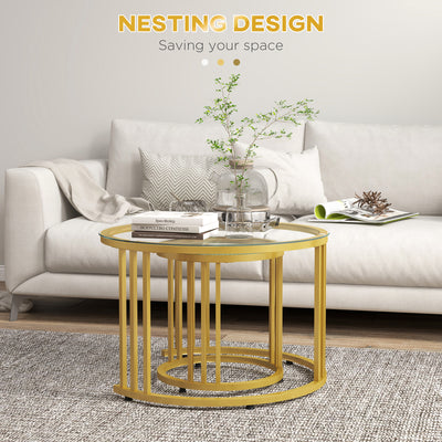HOMCOM Round Coffee Tables Set of 2, Nesting Tables with Tempered Glass Top and Steel Frame, 60cmx60cmx47cm, Gold Tone 